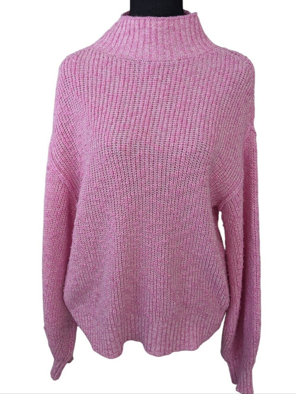 Aerie Pink Loose Knit Ribbed Mock Neck Sweater With Balloon Sleeves Oversized S